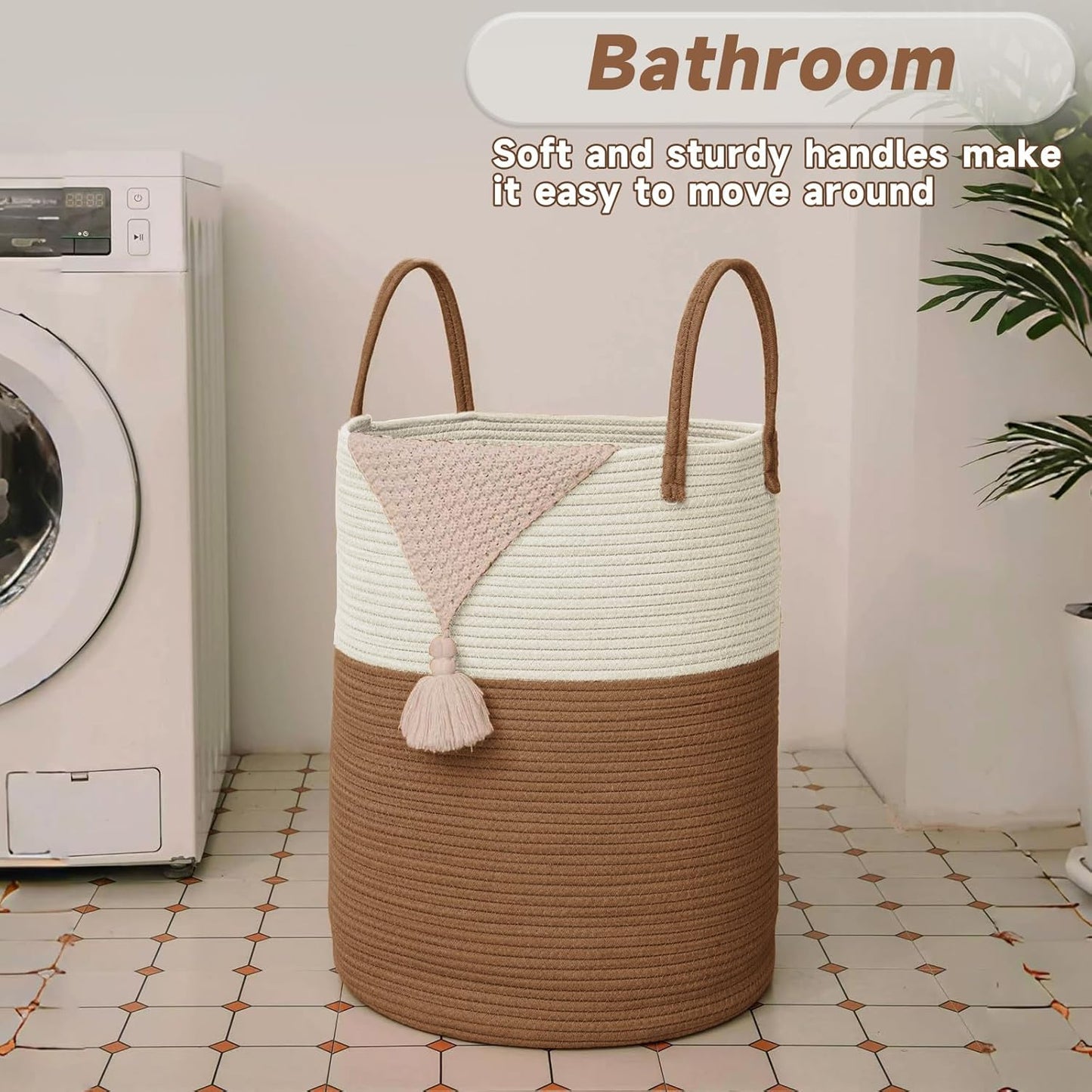 JMvicyroam Large Woven Laundry Basket Hamper,60L Cotton Rope Storage Bin for Blankets,Toys and Clothes,Decorative Tall Nursery Hamper for Living Room,Baby Nursery,Bathroom and Bedroom,Brown