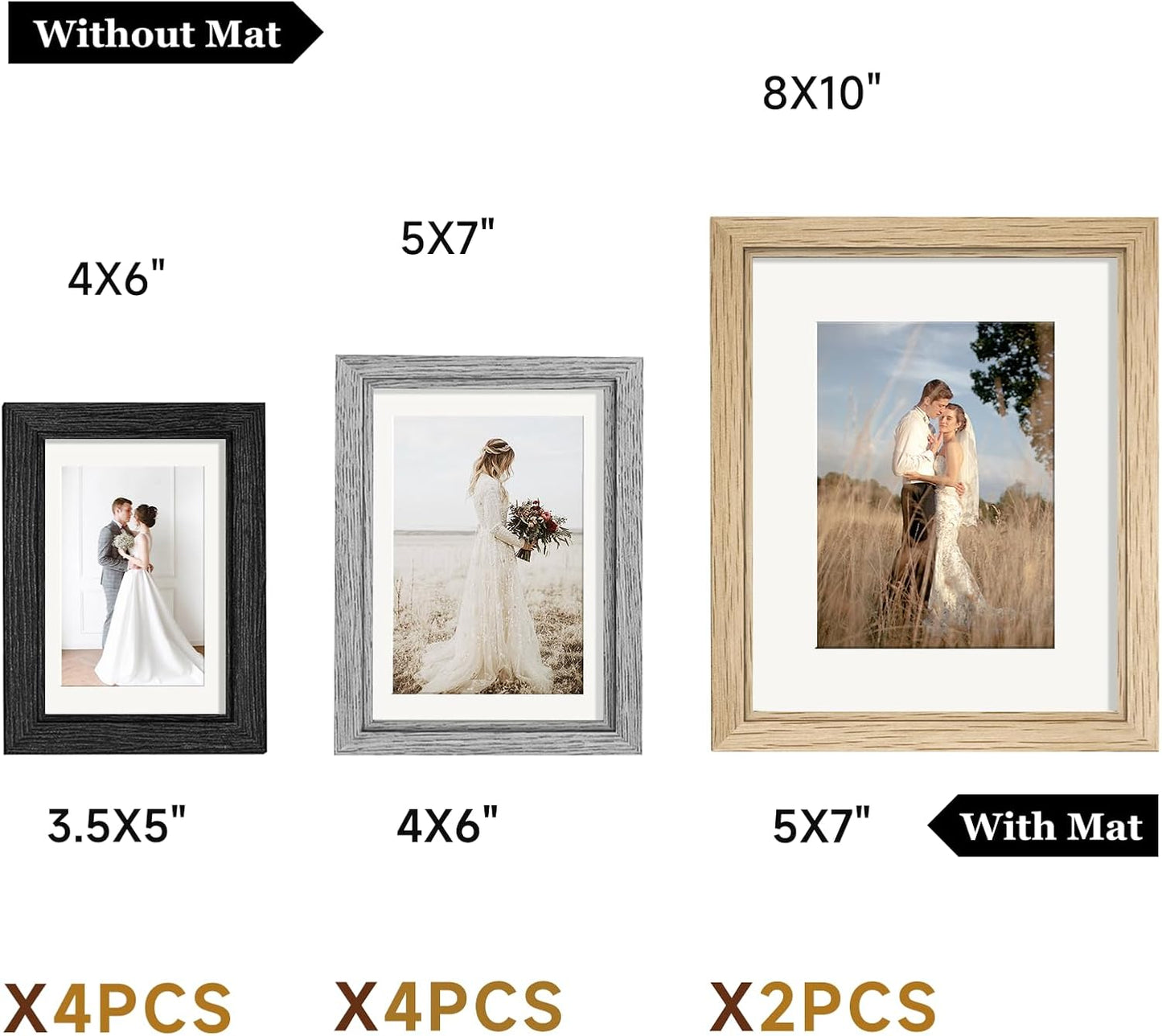 Povrgive Picture Frames, Made of Real Glass and Wooden Frame, Gallery Photo Frames Set of 10 for Collage Wall Decor, Multi Sizes Including 8x10, 5x7, 4x6 for Mounting or Tabletop Display, Wood