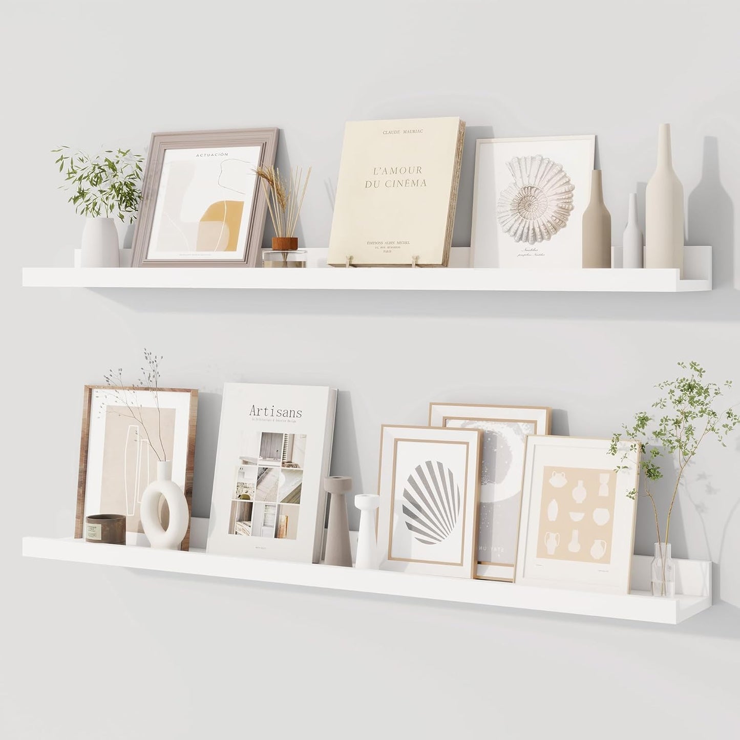 Dreamland Picture Ledge Shelf for Wall, Floating Shelves Set of 2, 48 Inch Long Floating Shelves with Lip for Living Room, Bedroom, Bathroom, Kitchen, White