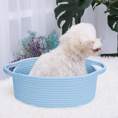 ABenkle Small Basket with Handles, Boho Decorative Rope Woven Dog Cat Toy Storage Bin Shelf Storage Organizer, Easter Christmas Gift Basket, 12"x8"x5", White