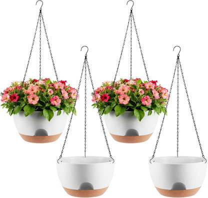 3-Piece Set of 10-Inch Hanging Planters with Automatic Watering System and Drip Tray, Includes Metal Chain, Suitable for Various Indoor and Outdoor Plants and Flowers, Green Brown