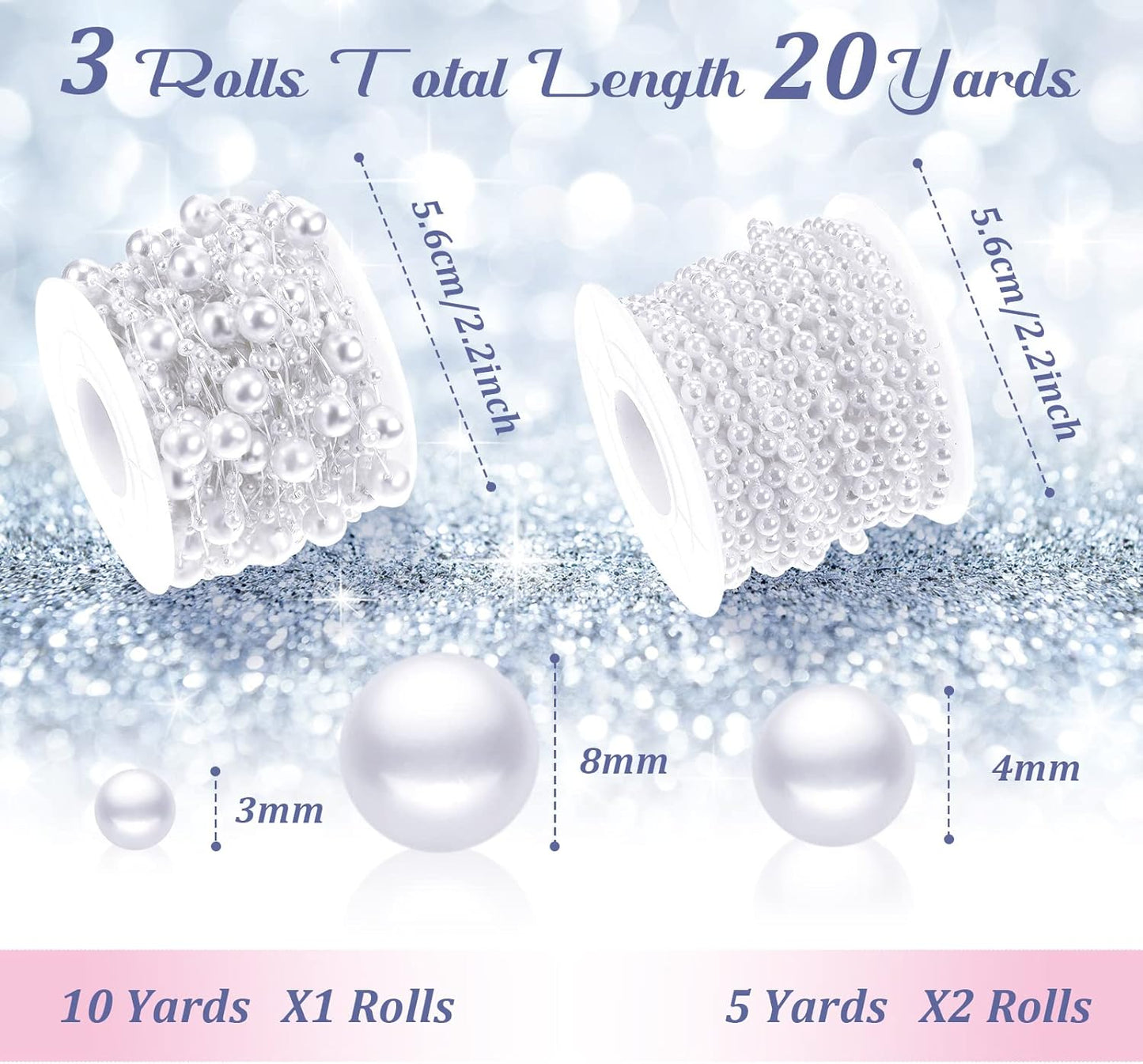 Bonuci 3 Rolls 66 Feet Pearls String Garland Faux Pearl Garland Spool Roll Strand Decoration Artificial Beads Chain Trim for Wedding Party Crafting Wedding Mother's Day Flower Decor(Ivory,4mm)