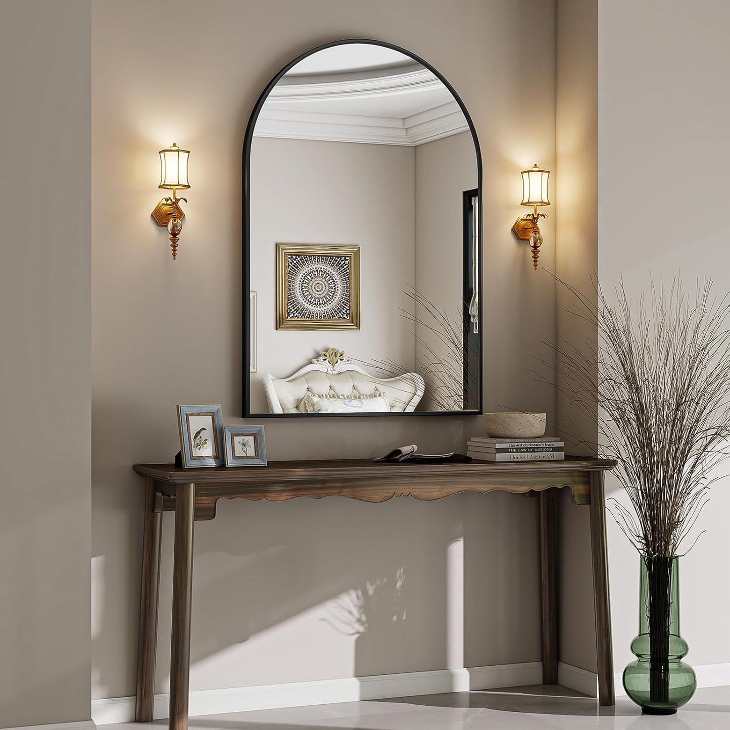 VooBang Arched Wall Mirror, 24 x 36 inch Arch Bathroom Mirror, Wall Mounted Vanity Mirror with Arch Metal Frame, Modern Bathroom Vanity Mirror for Bedroom, Living Room, Hanging or Leaning, Black