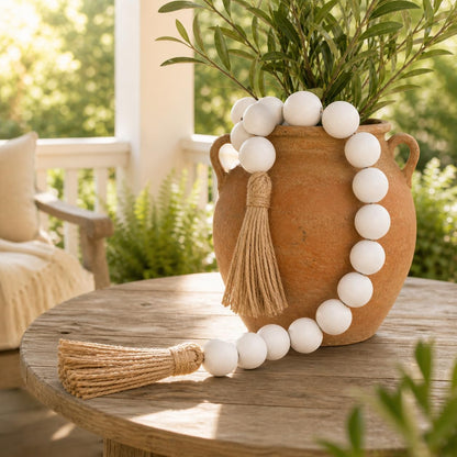 OMISHE Extra Large Wood Bead Garland with 1.6" Diameter Wooden Beads and Tassels, 41" Long Rustic Farmhouse Country Decorative Beads for Home Tiered Tray Decor, Natural Beige