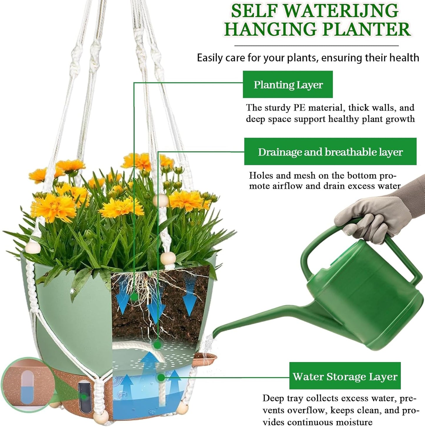 10 Inch Hanging Planters for Indoor Plants, 2 Pack Self Watering Hanging Baskets Flower Pots with Drainage Hole, Visual Reservoir & 2 Kinds of Plant Hanger for Outdoor Garden Home Decor (White)