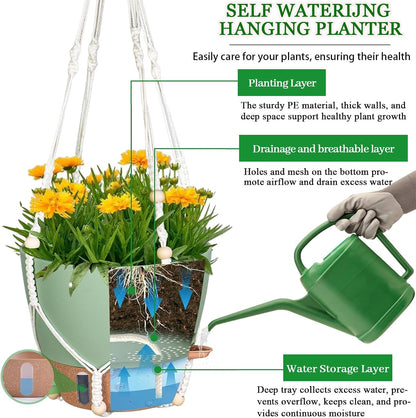 10 Inch Hanging Planters for Indoor Plants, 2 Pack Self Watering Hanging Baskets Flower Pots with Drainage Hole, Visual Reservoir & 2 Kinds of Plant Hanger for Outdoor Garden Home Decor (White)