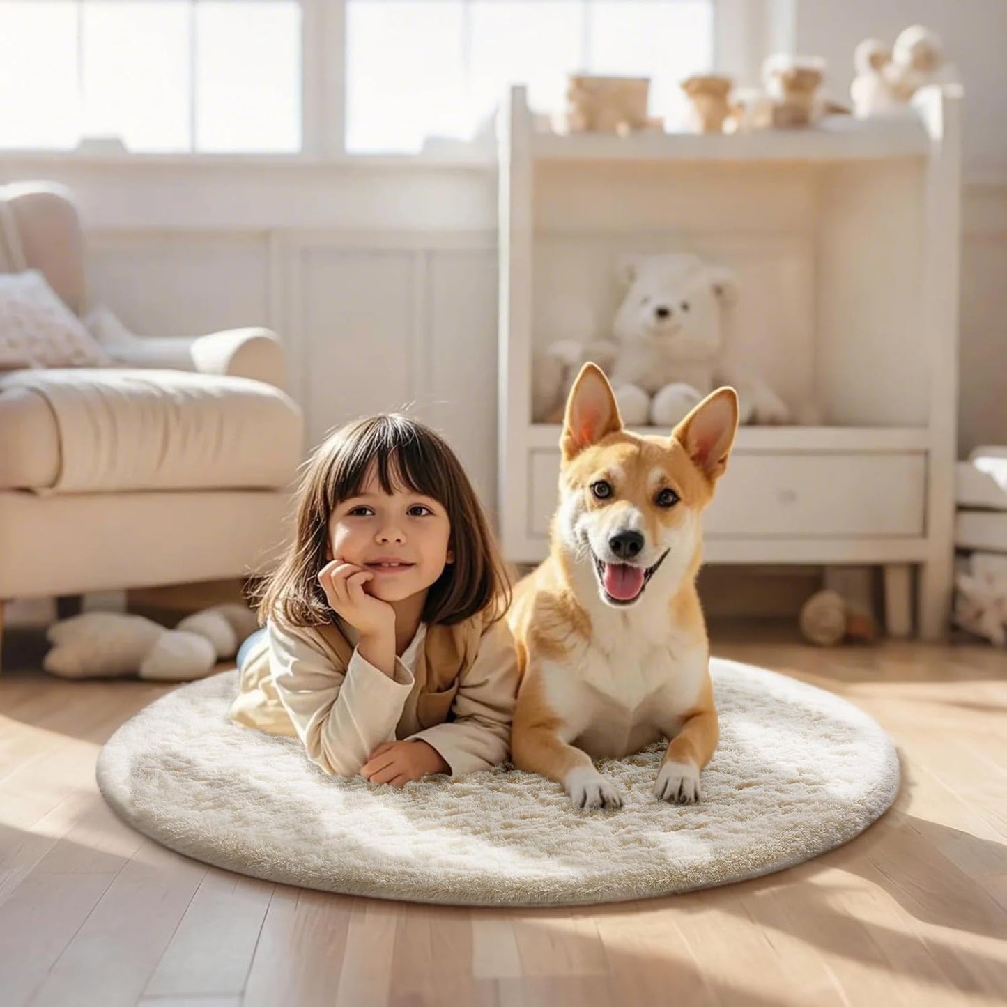 Ophanie Round Rugs 5Ft Ivory Circle Area Rug, Nursery Room Decor, Christmas Aesthetic Bedroom Home Circular Carpet 5 Foot, Fluffy Fuzzy Shag Plush Cream Living Room Rugs for Kids Boys Girls Teen Baby