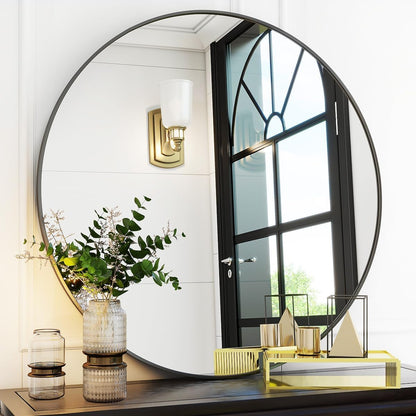 VooBang Large Black Round Bathroom Mirror, 48 inch Circle Wall Mounted Hanging Mirror with Simple Modern Circular Metal Frame for Hallway, Entryway, Living Room, Black Frame