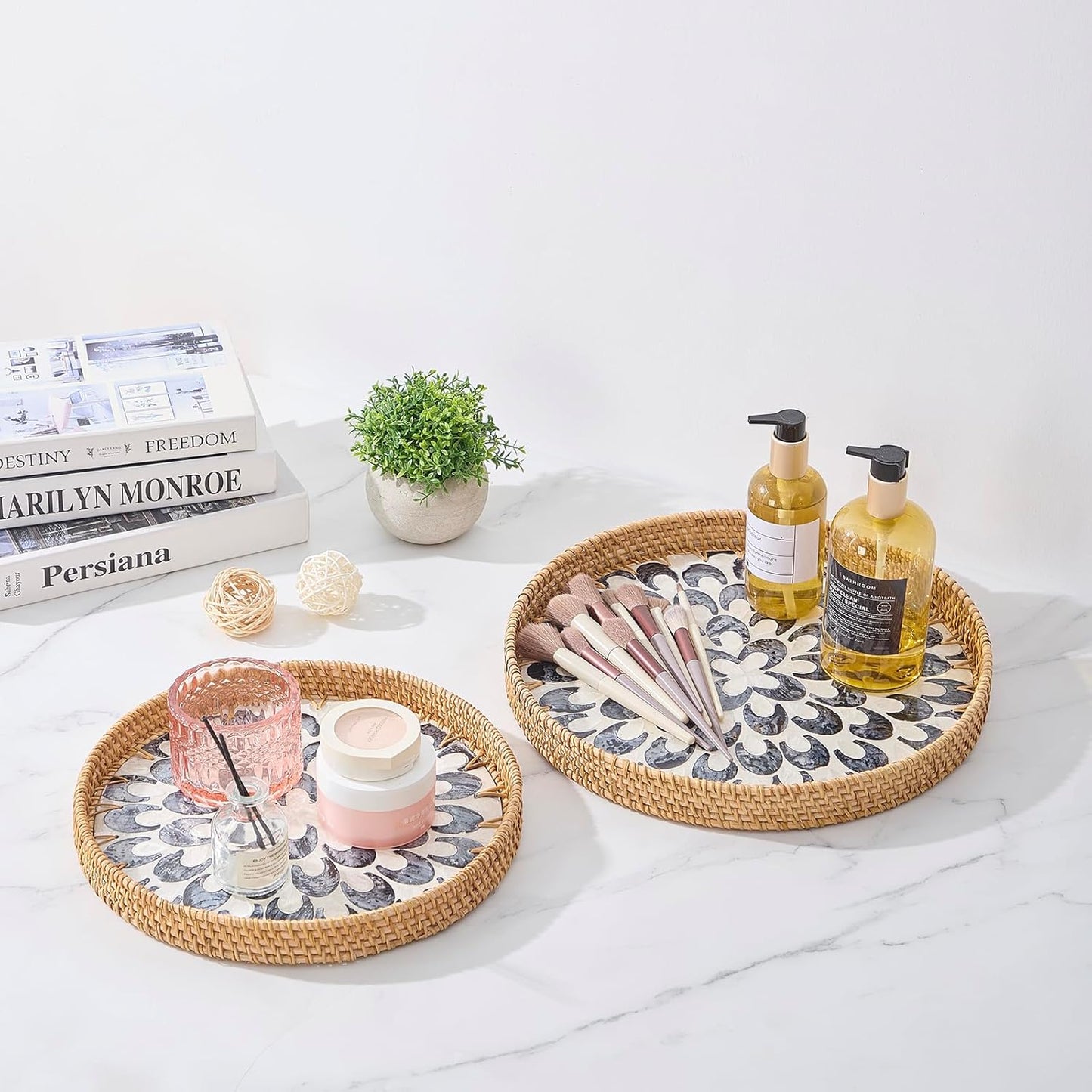 Round Rattan Tray with Mother of Pearl Inlay, Rattan Serving Tray with Wooden Base, Decorative Wicker Basket for Table Decor, Storage and Display of Coffee Bread Food Fruit (Leaf)
