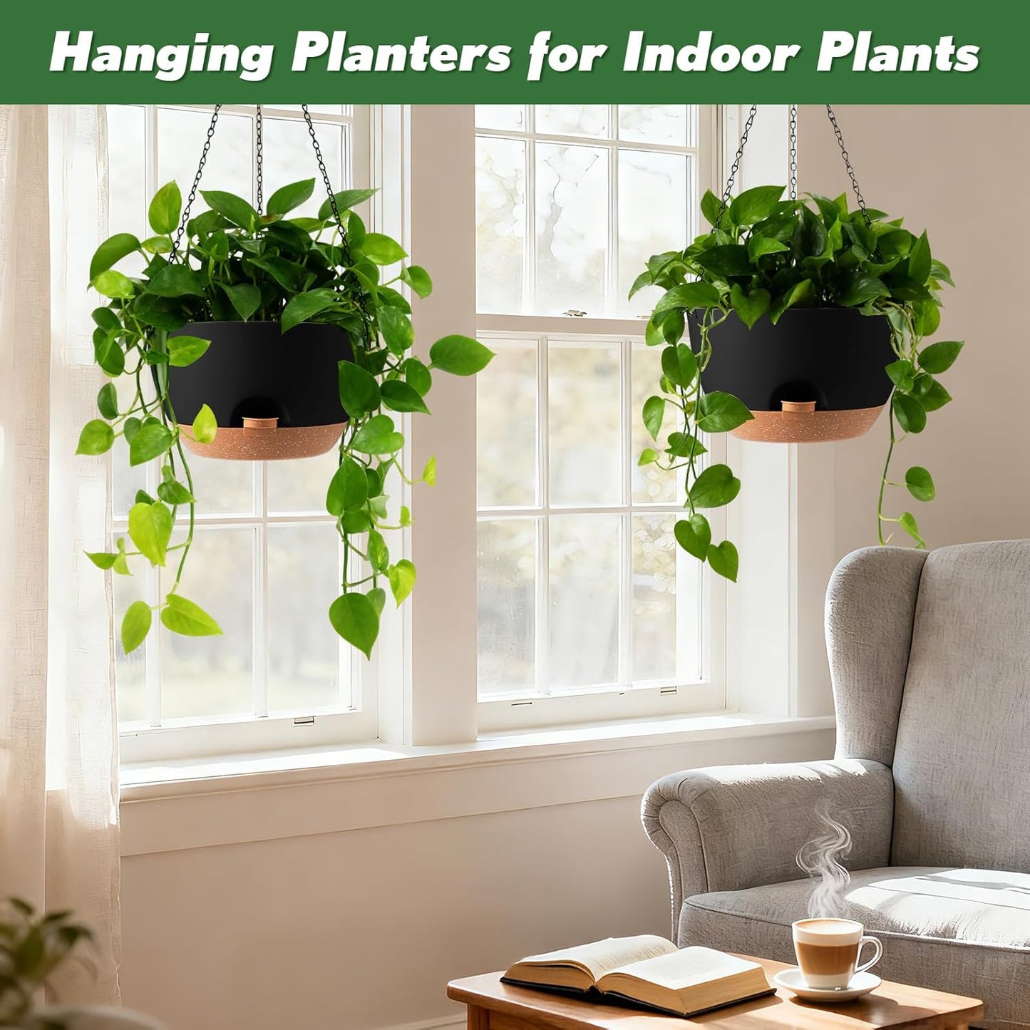 3-Piece Set of 10-Inch Hanging Planters with Automatic Watering System and Drip Tray, Includes Metal Chain, Suitable for Various Indoor and Outdoor Plants and Flowers, Green Brown