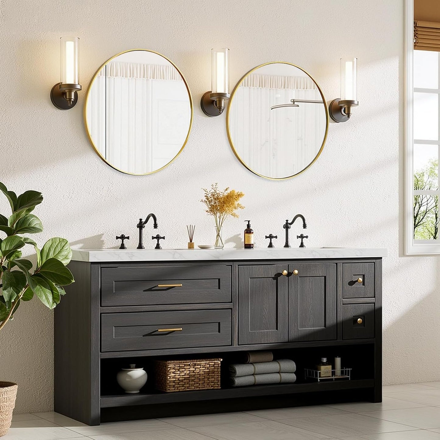 Bathroom Mirror for Wall, 24 Inch Round Mirror, Matte Black Metal Framed Circle Vanity Mirror for Bathroom Bedroom Living Room Entryway, Anti-Rust, Tempered Glass, Hanging or Leaning