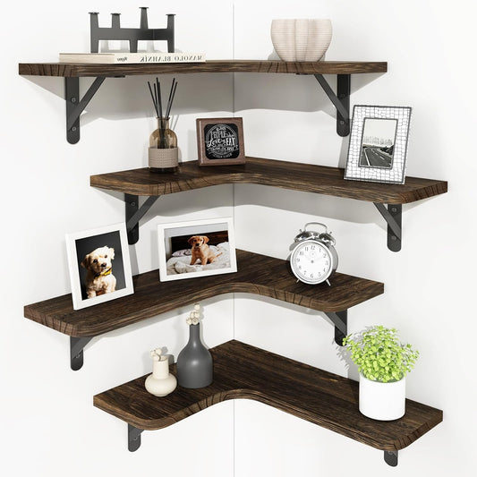 YGEOMER Corner Floating Shelves, Wall Mounted Corner Shelf for Bathroom, Kitchen, Bedroom, Home Decor, Laundry Room, Living Room(Set of 4 Rustic Brown)