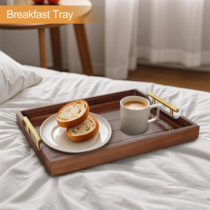 SXNOWS Coffee Table Trays - Large Ottoman Tray for Living Room -Wood Serving Tray with 2 Sets of Handles - Wooden Tray for Coffee Table, 4 Round Coasters Included, Black