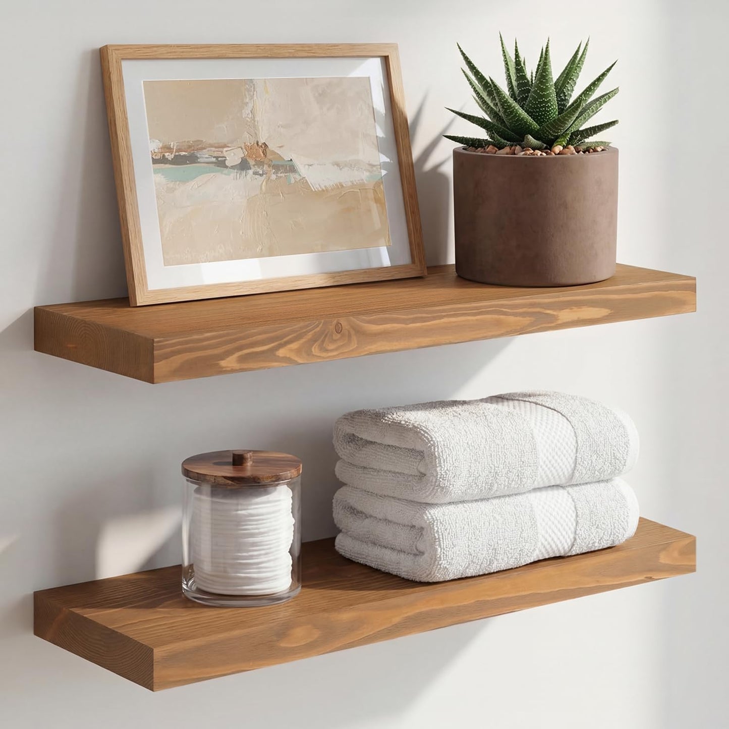 Homeforia 24 inch Natural Floating Shelf, High End Solid Real Wood 24inch Small Floating Shelves for Wall Mounted, Natural Wooden Floating Shelves, Heavy Duty Bracket, 24 X 6.5 X 1.75 in, Set of 2
