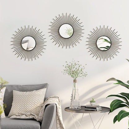 3 Pack Metal Mirrors for Wall Sunburst Wall Mirrors Home Décor Decorative Hanging Wall Art for Living Room Bedroom Entryway (Gold, Flower+Sunburst)