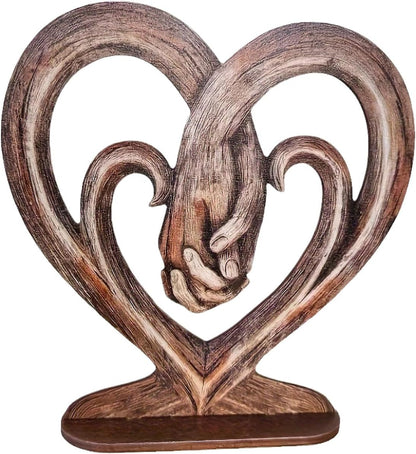 Heart Holding Hands Art Sculpture Wooden Desktop Imitation Tree Trunk Forever Love Everlasting Hand in Hand Desktop Decoration for Home Office Ornament Accessories