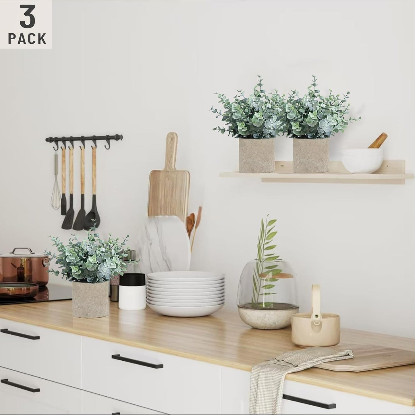 2 Pack Fake Plants Eucalyptus Small Potted Artificial Plants Indoor Greenery for Shelf Desk Home Bathroom Modern Farmhouse Living Room Coffee Table Decor