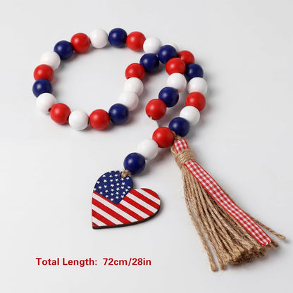 Wood Bead Garland with American Flag and Rustic Tassels, Farmhouse Wall Hanging Prayer Beads Patriotic American Independence Day 4th of July Ornaments for Home Decor