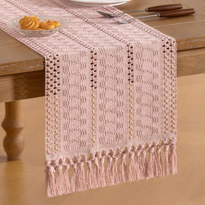 Socomi Boho Table Runner Summer Farmhouse Rustic Dining Kitchen Centerpiece Decor Small Macrame Woven Cotton Linen Coffee Table Runner for Dresser Scarf Home Decor 12x36 inch Beige