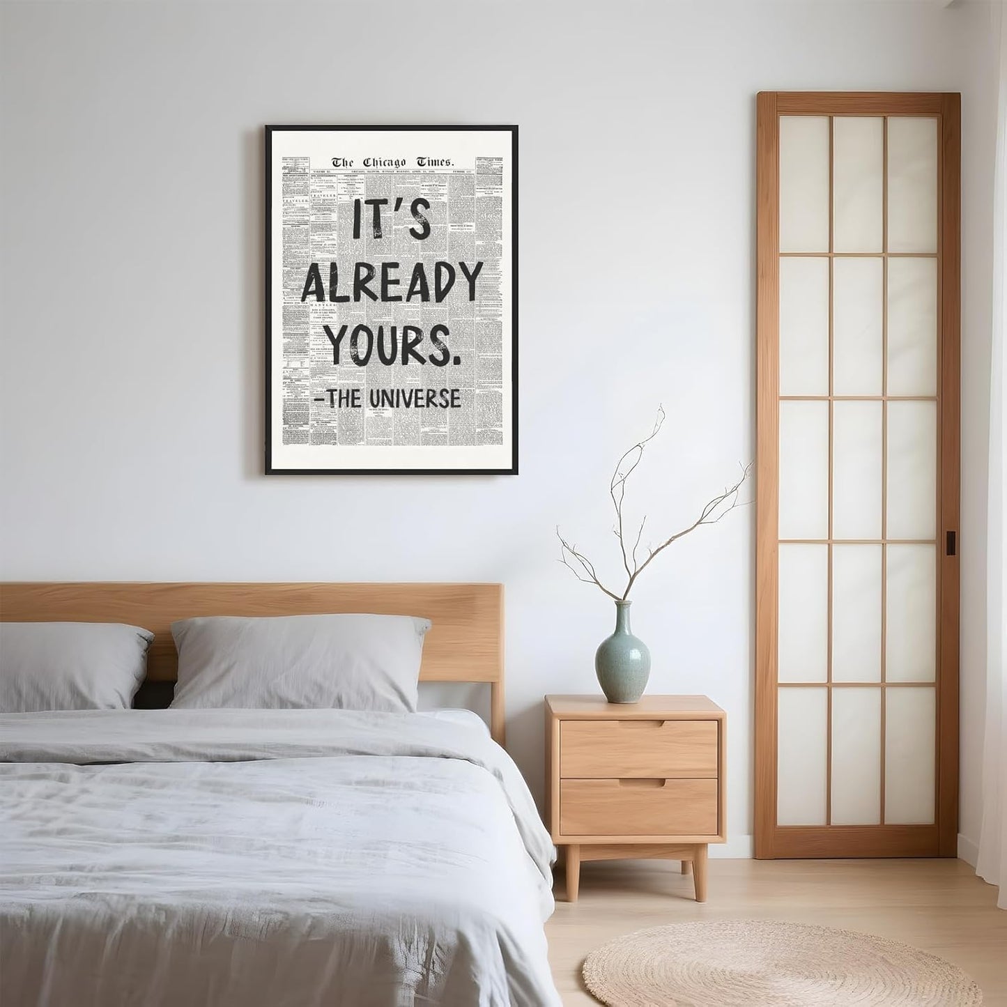 Framed Black And White Retro Newspaper Wall Art ItS Already Yours Universe Quote Poster Trendy Positive Inspirational Wall Decor for Bedroom Office Apartment Dorm Affirmation Canvas Print 8x12inch