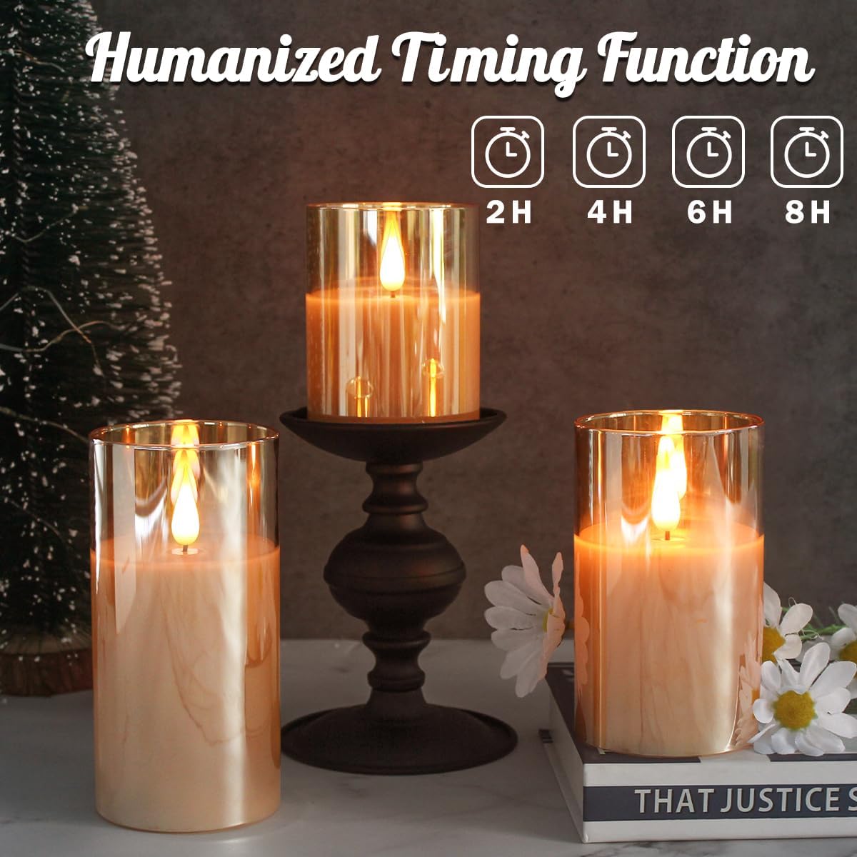 Rechargeable Flameless Glass Pillar Candles–Gifts for Women,–Set of 3, Realistic Flickering LED Light,Remote & Timer, Ideal for Living Room, Bedroom & Festival Wedding Home Party Decor