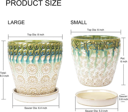 6 Inch Ceramic Planter Pots with Drainage Holes, Saucers and Mesh Pads for Indoor-Outdoor Plants, Succulent Orchid Flower Large Round Plant Pot, Set of 2 (Green+White)