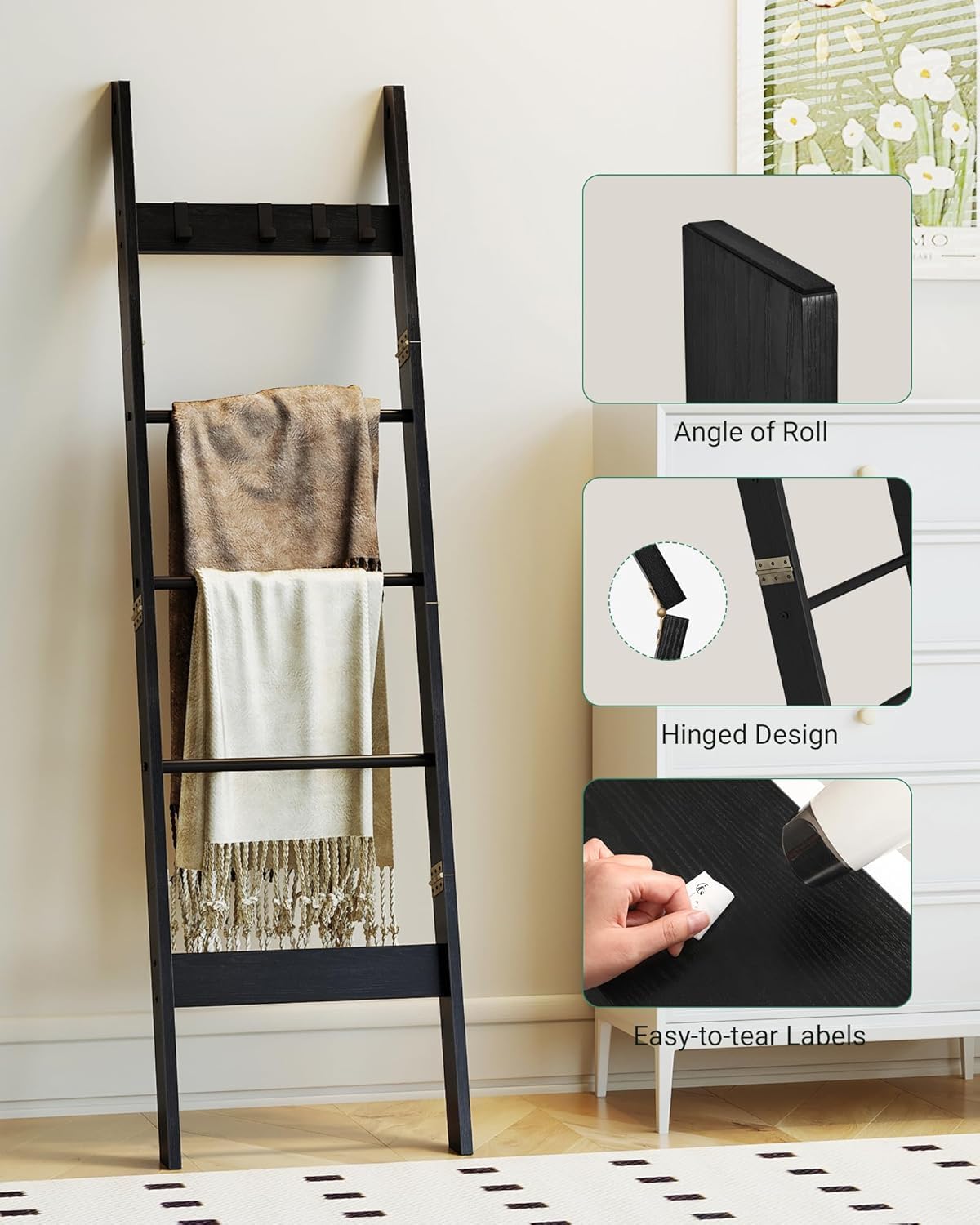 Hzuaneri Blanket Ladder for Living Room, Decorative Quilt Rack with 4 Removable Hooks, 5-Tier Farmhouse Ladder Holder Shelf Organizer for Bedroom, Rustic Brown and Black 02101BBR