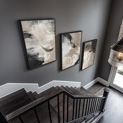 Large Framed Neutral Abstract Wall Art for Living Room, 3 Piece Modern Canvas Prints Paintings Artwork for Walls, Black and Beige Pictures for Living Room Hallway Stair Office Wall Decor 24x36 Inch