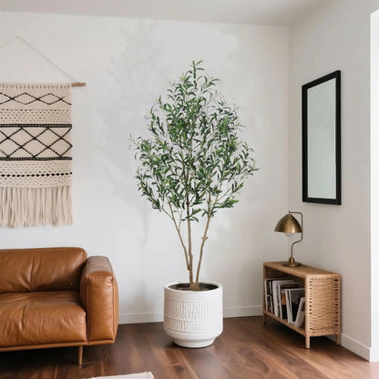 Artificial Olive Tree with White Pot,6FT high, Fake Tree containing 1440 Dense Leaves and 80 Highly Simulated Olive Fruits, Suitable for Home Office Living Room Floor Decoration