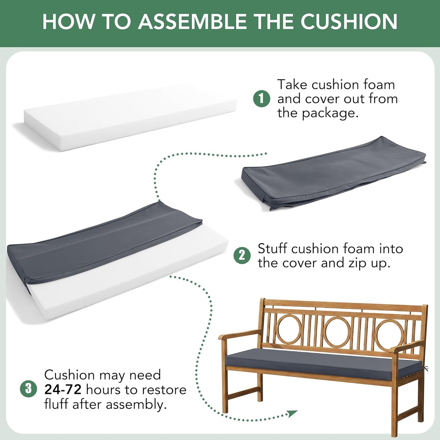 Summsun Outdoor Bench Cushion: Waterproof and Fade Resistant Patio Furniture Cushions - Non-Slip Bench Pad Cushion with Removable Cover for Garden Swing Porch Sofa Settee, 48 x 18 x 3 Inch, Black