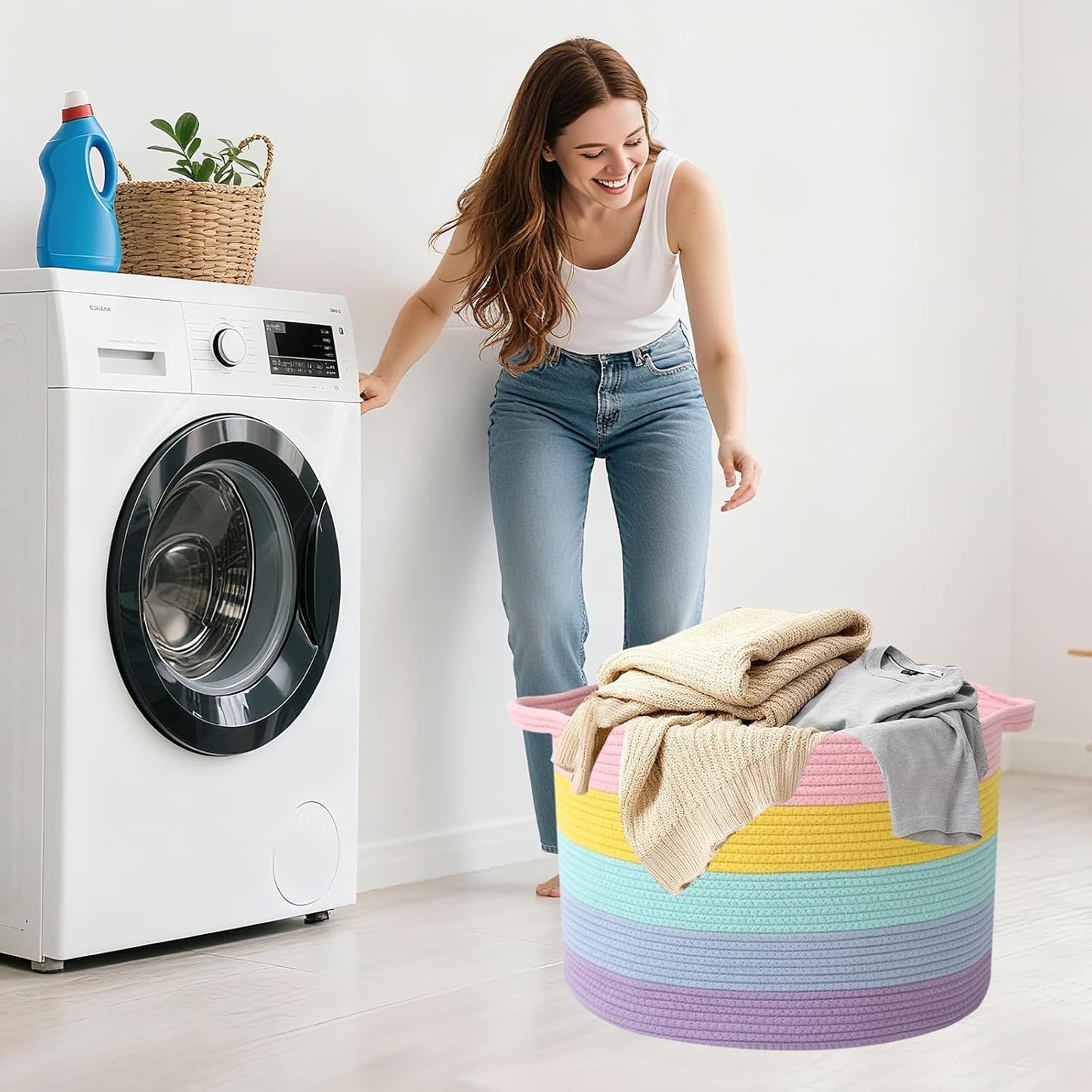 Large Woven Blanket Basket,65L Cotton Rope Laundry Basket Hamper with Handles, Decorative Nursery Basket Storage Bin for Toys, Clothes Organizer, Living Room, Bedroom, Bathroom, White & Brown