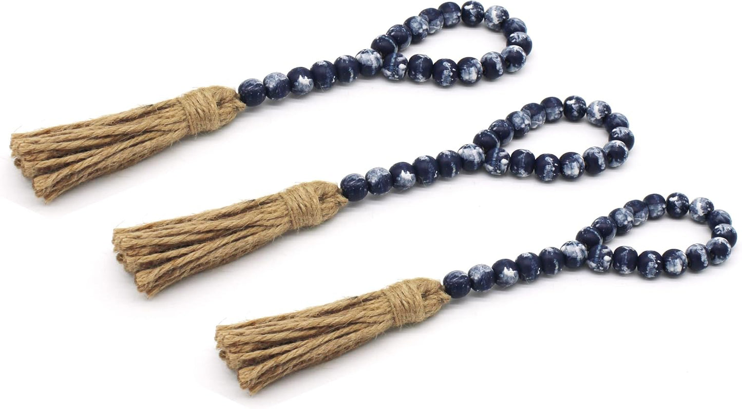 CVHOMEDECO. Wood Beads Garland with Tassels 3 PCS Farmhouse Rustic Wooden Prayer Bead String Wall Hanging Accent for Home Festival Decor. Natural