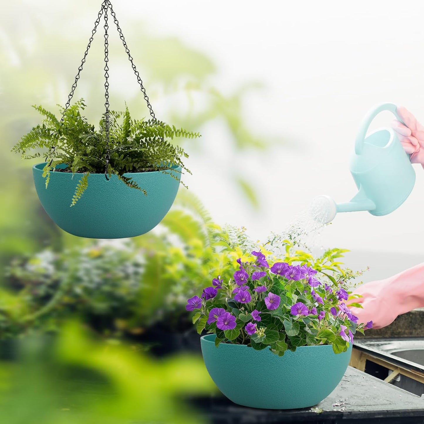 WSMKSZ 10 inch Hanging Planters for Outdoor Indoor Plants with Drainage Holes and Chain, 2 Pack Round Hanging Flower Pots for Garden Home Porch Decor, Black