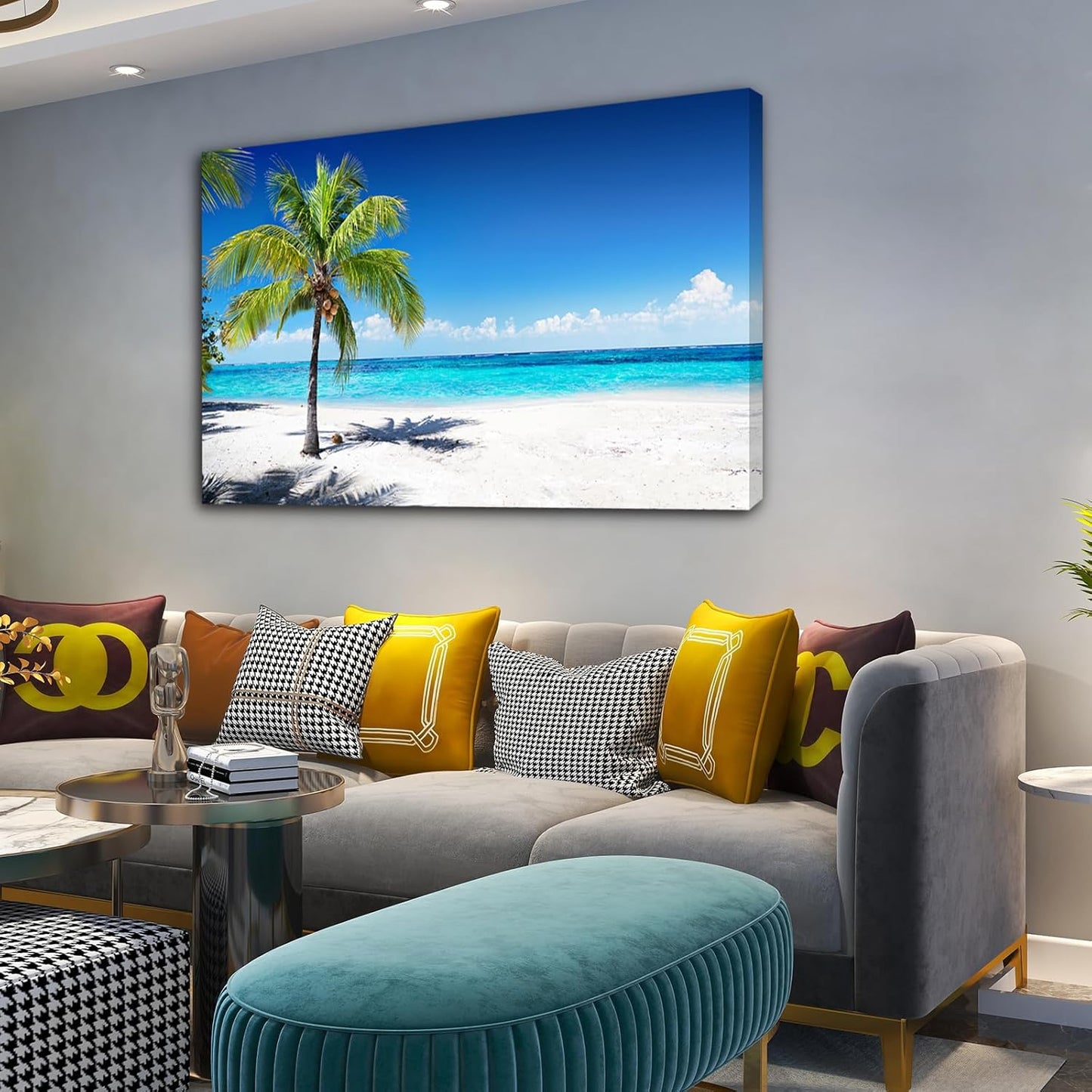 Baisuart S02250 Canvas Prints Wall Art Beach Sunset Ocean Waves Nature Pictures Stretched Canvas Wooden Framed for living Room Bedroom and Office