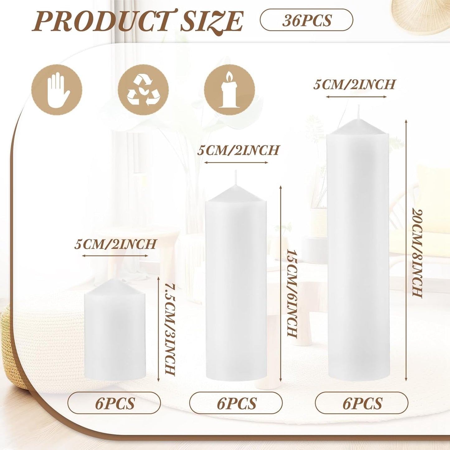 MTLEE 18 Pcs Set of 3 Pillar Candles Bulk 2 in x 3, 6, 8 Long Burning Clean Unscented Smokeless Pillar Candles for Wedding Emergency Lanterns Ceremony Party (Ivory White)