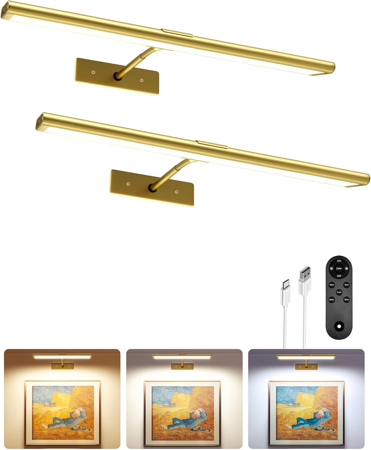 EZVALO Picture Light for Wall, 4800mAh Rechargeable Wireless Remote, 16in Dimmable Magnetic LED Art Display Light with 3 Color Temperatures, for Gallery, Living Room, Bedroom, Hallway (Gold)