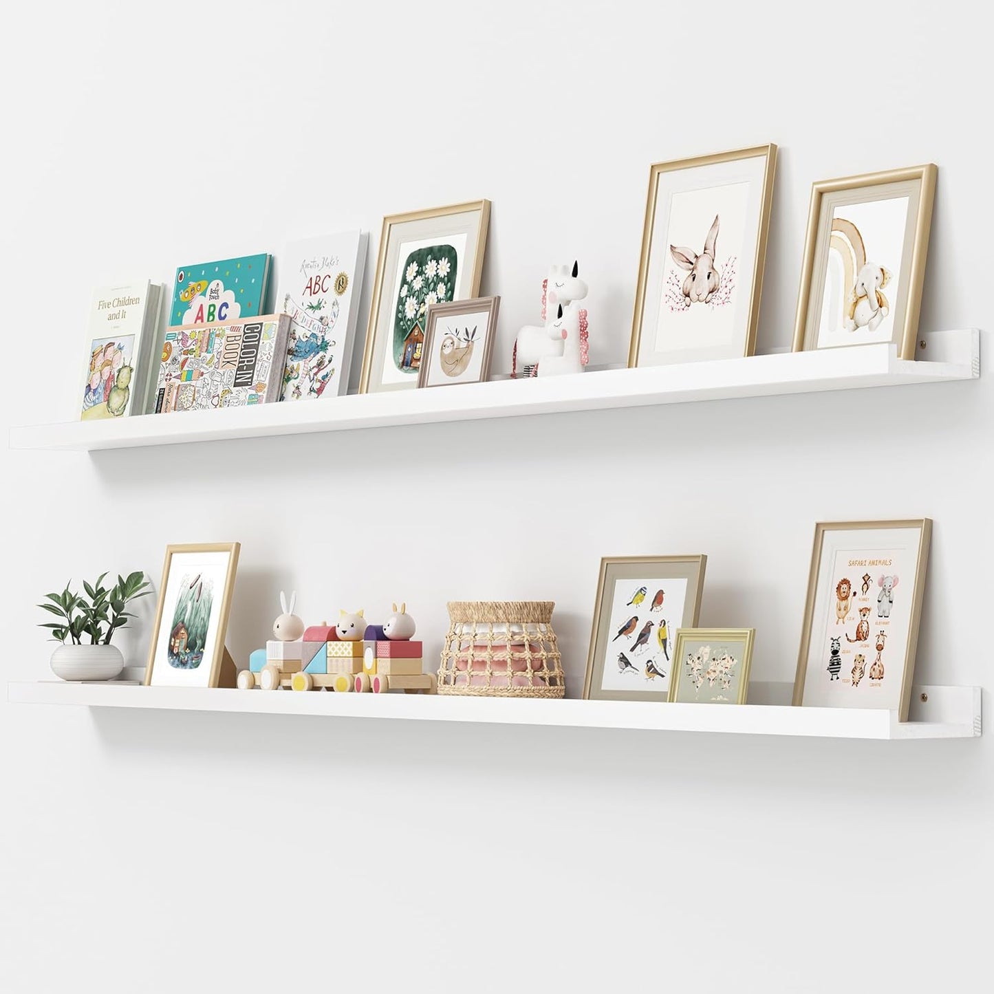 FLYJOE Picture Ledge Shelf, Floating Shelves Set of 2, Solid Pine Wood 55'' Long Large Nursery Book Shelves for Toys Storage, Kids Bookshelf for Living Room Bedroom Decor Books Photo Frames, Walnut