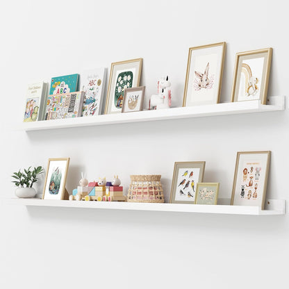 FLYJOE Picture Ledge Shelf, Floating Shelves Set of 2, Solid Pine Wood 55'' Long Large Nursery Book Shelves for Toys Storage, Kids Bookshelf for Living Room Bedroom Decor Books Photo Frames, Walnut