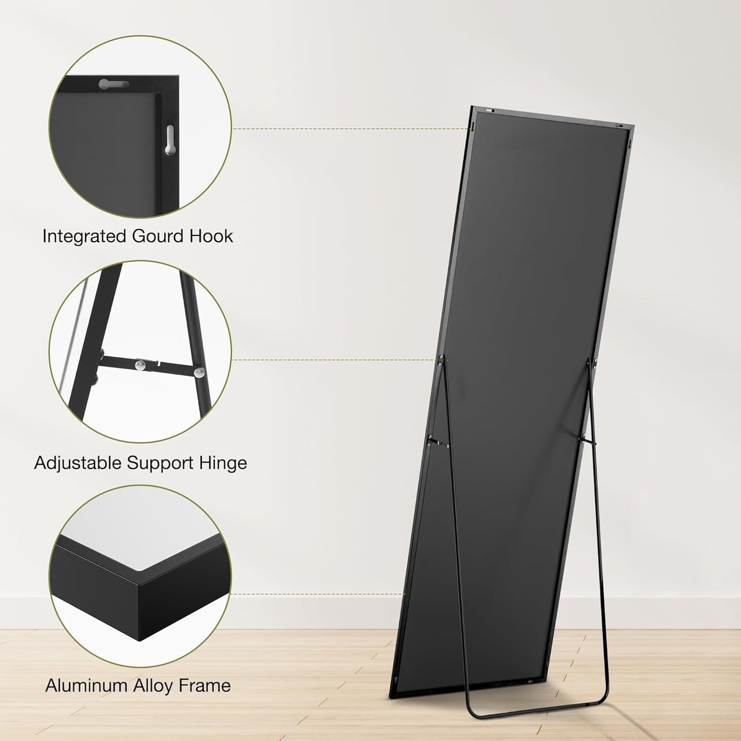 DUMOS Full Length Mirror 64"x21" Full Body Floor Mirror for Bedroom or Cloakroom, Can Stand Alone, Hang or Lean Against Wall, Tall Wall Mirror with Stand, Black
