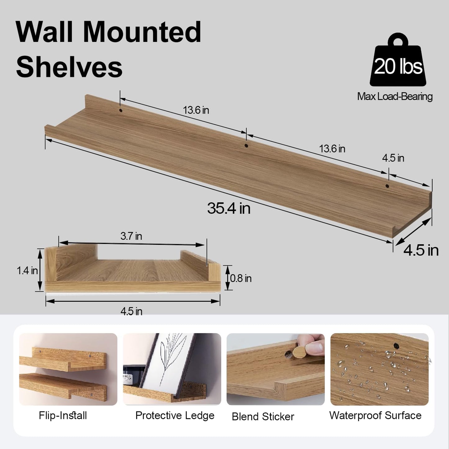 White Floating Shelves for Wall Decor, Wall Mounted Wood Storage Shelf for Bedroom, Living Room, Bathroom, Kitchen, Nursery, Display Picture Ledge Shelf with Lip Set of 2-14 Inches, White