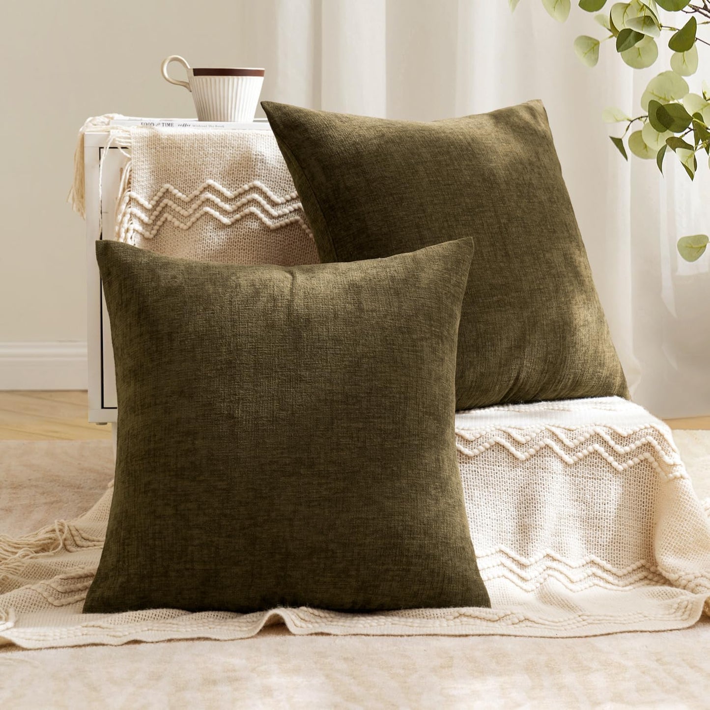 MIULEE Olive Green Couch Pillow Covers 18x18 Inch, Set of 2 Soft Chenille Decorative Square Throw Pillow Covers Farmhouse for Sofa Living Room Bed