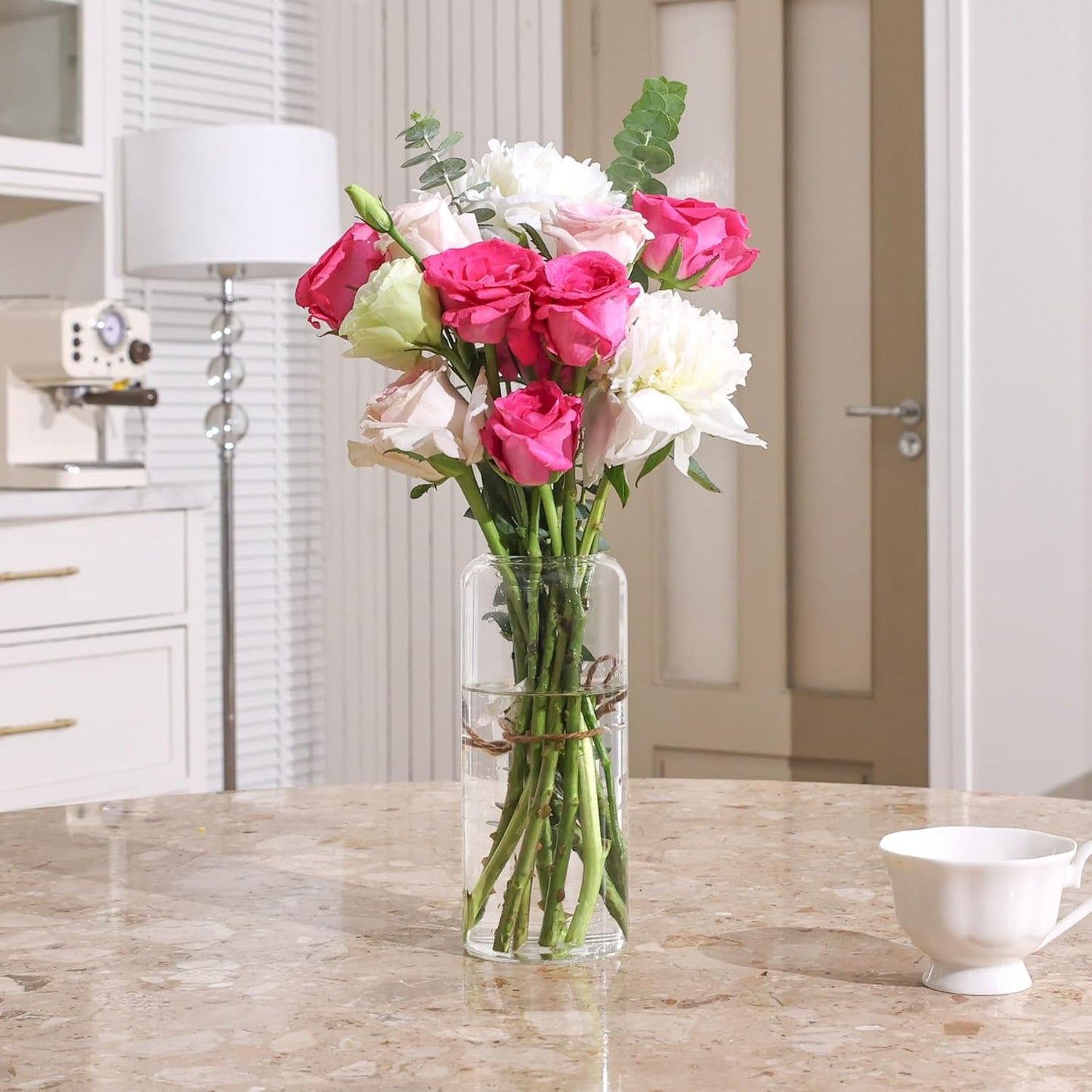 ComSaf Glass Cylinder Vases, Bud Vase for Centerpieces, 8 Inch Tall Ribbed Vase Hurricane Floating Candle Holder, Decorative Flower Vases for Wedding Reception, Home Decor, Housewarming Gift (Clear)