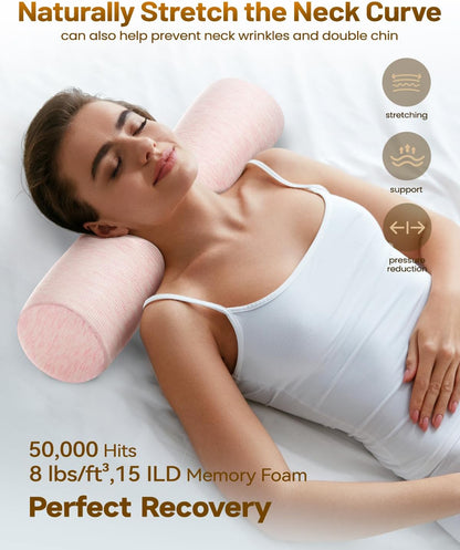 Memory Foam 4" Round Pillow, Cervical Neck Pillow for Pain Relief, Cylinder Pillows 18"x 4", Removable Cover, Neck Roll Pillow for Sleeping, Velvet Dots, Pink