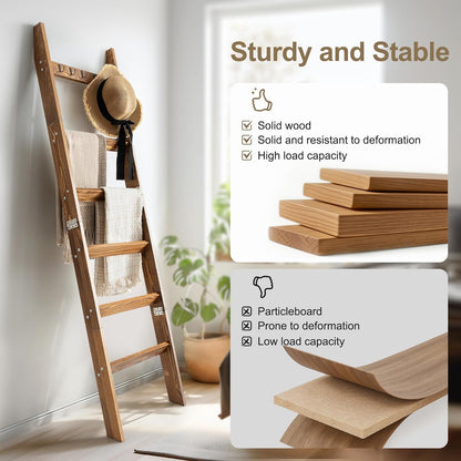TEAKMAMA 6-Tier Blanket Ladder for Living Room and Bedroom,5.4 Ft Wall Leaning Quilt Rack with Hooks,Rustic Decorative Farmhouse Blanket Storage,Stylish Ladder Holder,Christmas Decorations,Black