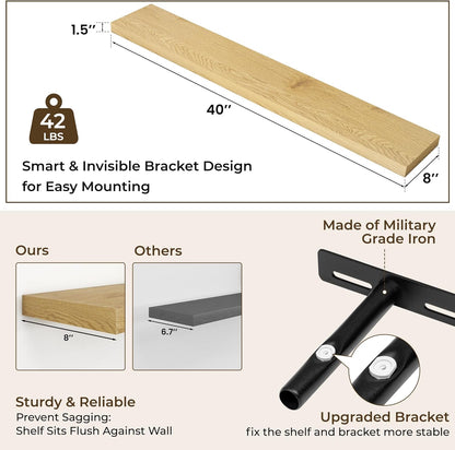 RICHFOCUS 72Inch Floating Shelves for Wall 2 Pack Shelves for Bedroom|Kitchen|Bathroom Wall Mounted Rustic Wood Floating Shelf with Invisible Brackets for Books|Storage|Decor, Rustic Brown
