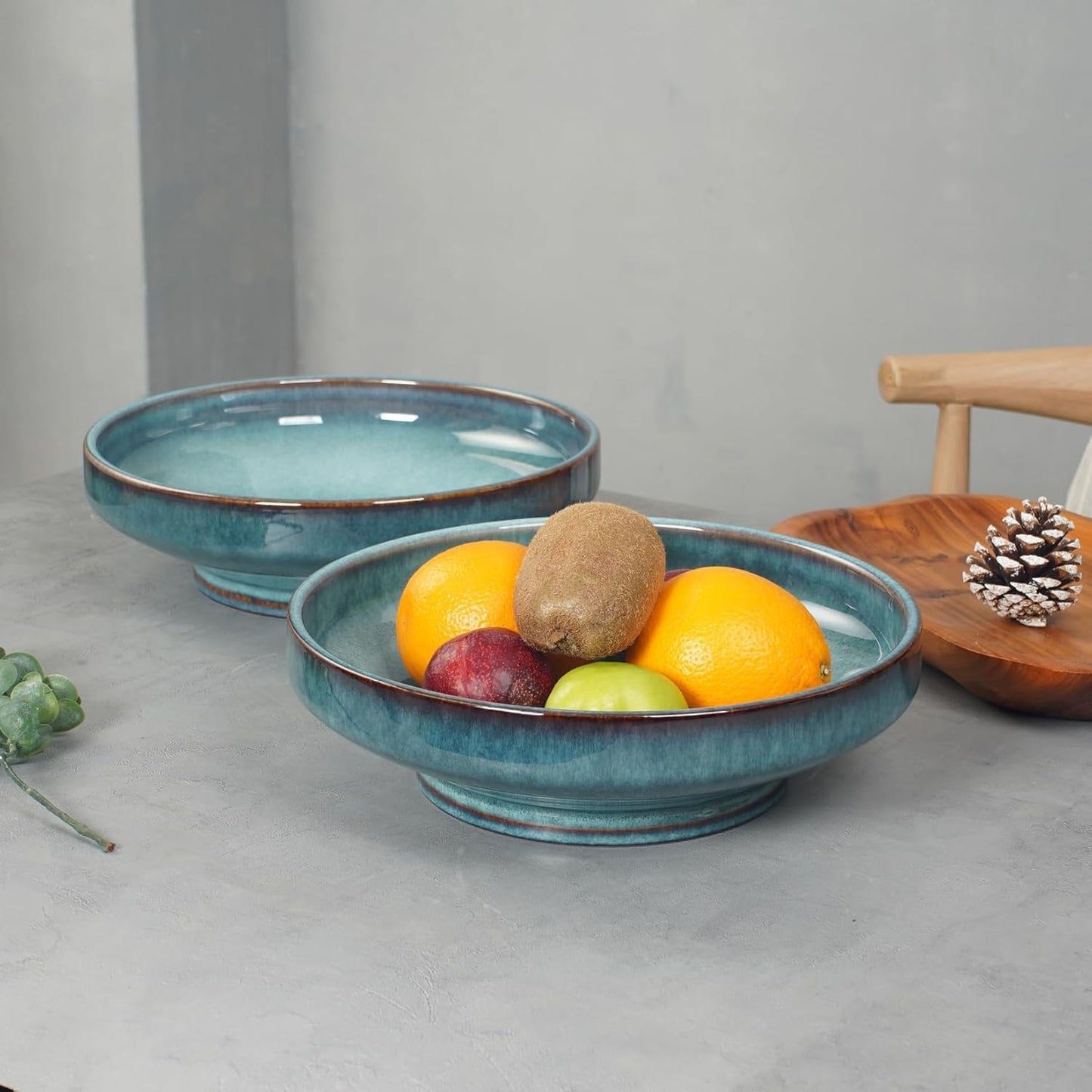 Ceramic Fruit Bowl for Kitchen Counter,Decorative Pedestal Bowl for Table Countertop,Large Footed Serving Bowl,10.2 Inch (peacock Green)