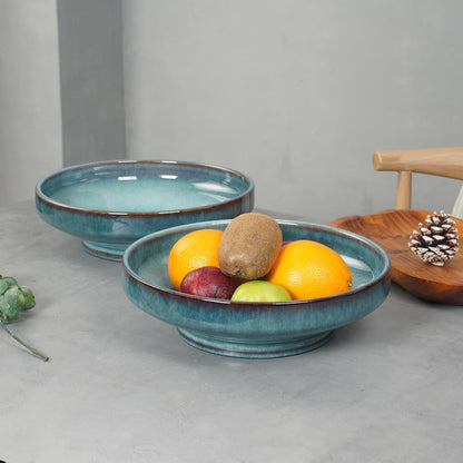 Ceramic Fruit Bowl for Kitchen Counter,Decorative Pedestal Bowl for Table Countertop,Large Footed Serving Bowl,10.2 Inch (peacock Green)