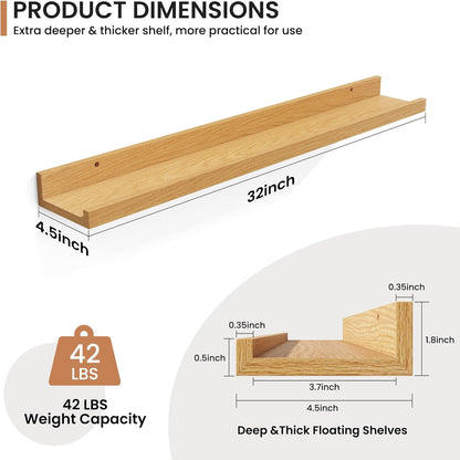 Fun Memories Picture Ledge Shelves Set of 2, 32 Inch Rustic Wall Mounted Floating Shelves with Lip for Home Storage and Décor in Bathroom, Kitchen, Nursery, Bedroom, Living Room, Walnut