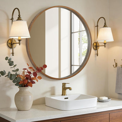 WallBeyond Wood Round Mirror with Wood Frame 24 inch Circle Wall Mirror for Bathroom Round Wall Mirror for Wall Decor, Vanity, Entryway Living Room (Walnut)