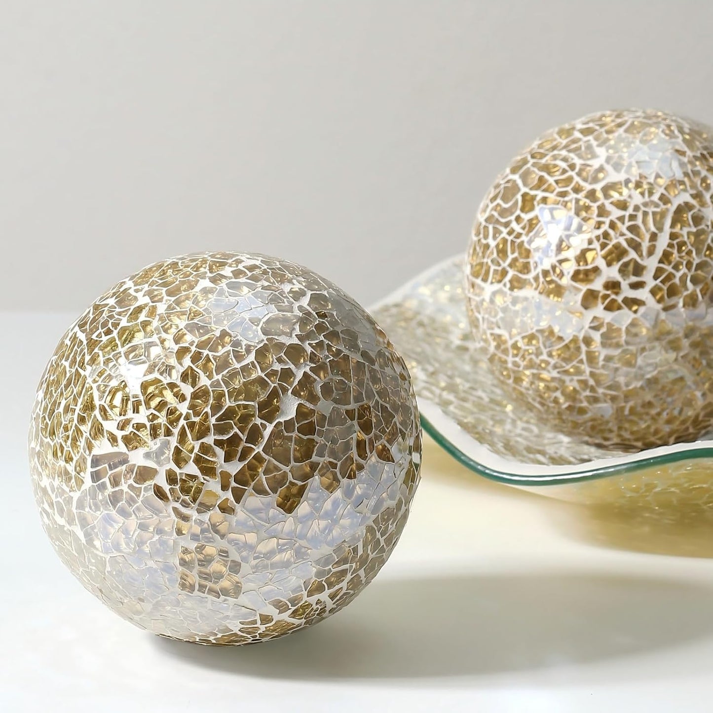 Decorative Mosaic Glass Orbs, 4 Inch Diameter, Set of 3 Sphere Balls, Rose Gold (Gold)